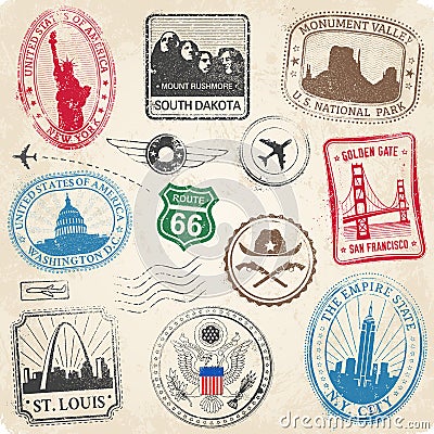 US Monuments Grunge Stamps Vector Illustration