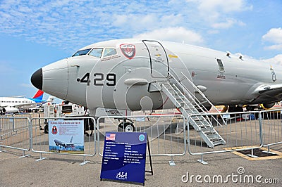 US Navy Boeing P-8 Poseidon maritime patrol aircraft on display at Singapore Airshow Editorial Stock Photo