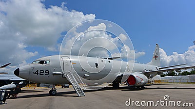 US Navy Boeing P-8 Poseidon military aircraft on display at Singapore Airshow Editorial Stock Photo