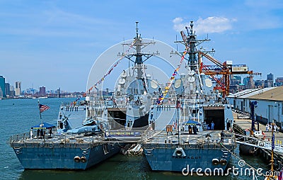 US Navy guided-missile destroyers USS Bainbridge and USS Farragut docked in Brooklyn Cruise Terminal during Fleet Week 2016 in NY Editorial Stock Photo