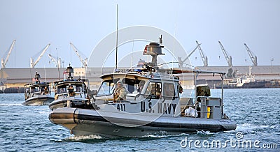 US NAVY inshore security patrolling in port of Djibouti Editorial Stock Photo