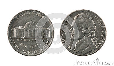 US One Nickel Coin Isolated on White Editorial Stock Photo