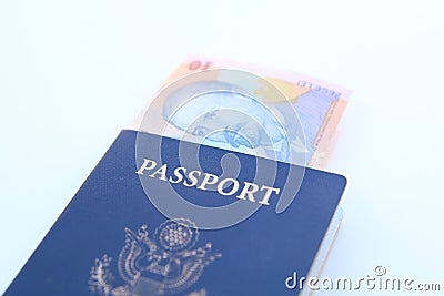 US Passport with Romanian Leu Stock Photo