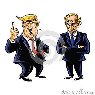 US President Donald Trump and Russian President Vladimir Putin Vector Cartoon Caricature Portrait Illustration Vector Illustration