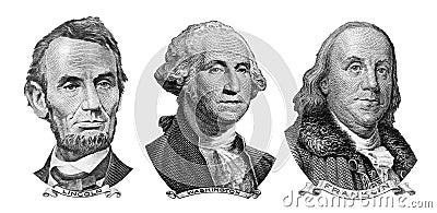 US presidents George Washington, Benjamin Franklin, Abraham Lincoln , portraits from US dollar bills isolated, United States money Stock Photo