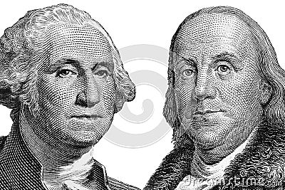 US presidents George Washington, Benjamin Franklin , portraits from US dollar bills isolated, United States money closeup Stock Photo