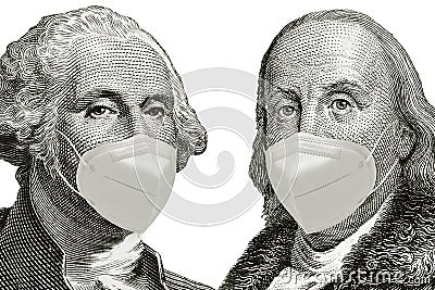 US presidents George Washington, Benjamin Franklin wearing mask against covid 19 , portraits from US dollar bills isolated, United Stock Photo