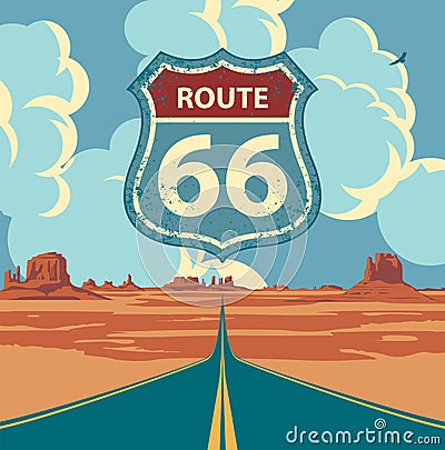 US Route 66, western landscape with a road sign Vector Illustration