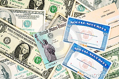 Us social security cards, stimulus check and dollar Editorial Stock Photo