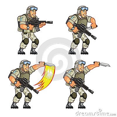 US Soldier Knife Attack Sprite Vector Illustration