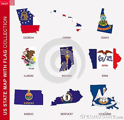 US State Maps with flag collection, nine USA map contour with flag Vector Illustration