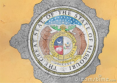 US state Missouri seal flag painted on concrete hole and cracked wall Stock Photo