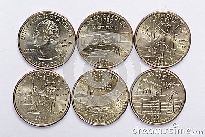 2001 US State Quarters a complete set of 5 used coins. Are located in the order of their released and joining the state Stock Photo