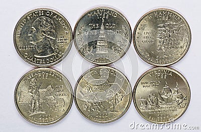 2000 US State Quarters a complete set of 5 used coins. Are located in the order of their released and joining the state Stock Photo