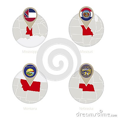 US States Mississippi, Missouri, Montana, Nebraska map and flag in circle Vector Illustration