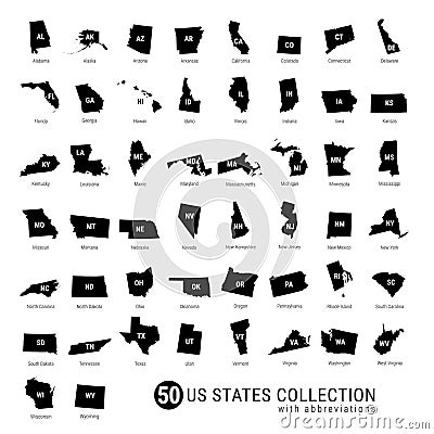 50 US States Vector Collection. High-Detailed Black Silhouette Maps of All 50 States. US States with Abbreviations Vector Illustration