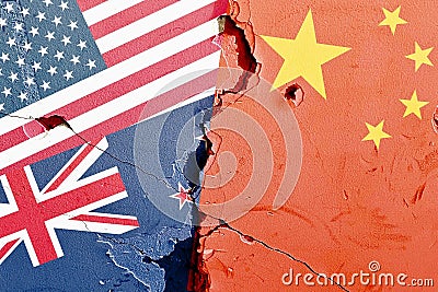 US (United States), New Zealand, China national flag isolated on broken wall background Stock Photo