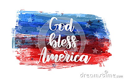 USA abstract grunge painted flag horizontal banner. God bless America - handwritten lettering calligraphy. Template for United Vector Illustration