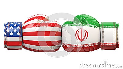 USA against Iranian boxing glove, America vs. Iran international conflict or rivalry 3d rendering Cartoon Illustration