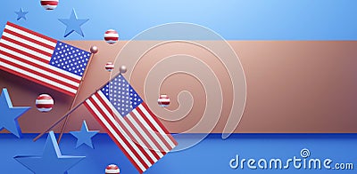 America flag with 4th july day concept, 3d rendering illustration, american day celebration, empty blank space banner ads, Indepen Cartoon Illustration