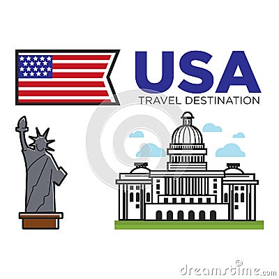 USA America travel landmarks and American culture famous symbos set Vector Illustration