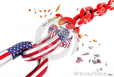Usa america turkey crisis flag chain break crash war - 3d rendering Stock Photo