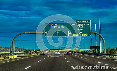 USA, ARIZONA - NOVEMBER 24, 2019: road signs and information boards West Phoenix on the expressway in the state of Arizona, USA Editorial Stock Photo