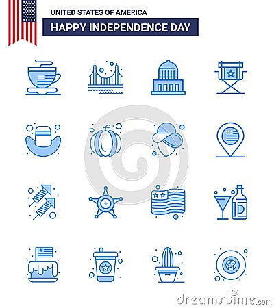 16 USA Blue Pack of Independence Day Signs and Symbols of american; star; building; movies; chair Vector Illustration