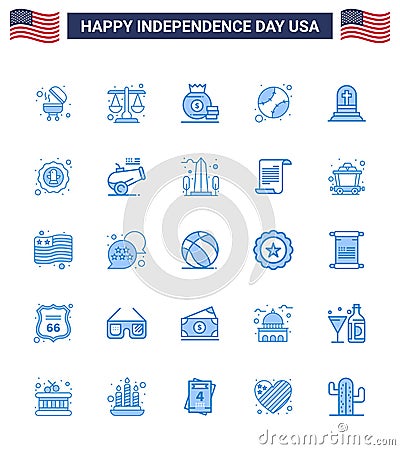 25 USA Blue Signs Independence Day Celebration Symbols of gravestone; death; bag; united; baseball Vector Illustration