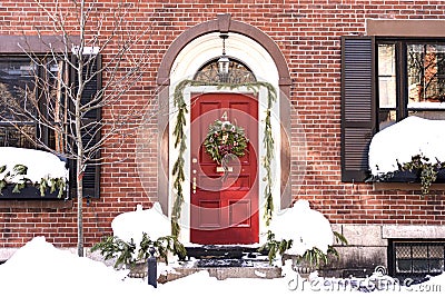 House with christmas wreath on front door in Beacon Hill Area Stock Photo