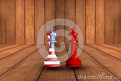 USA and China flag print screen on chess with wooden background.It is symbol of economic tariffs trade war tax barrier between Stock Photo