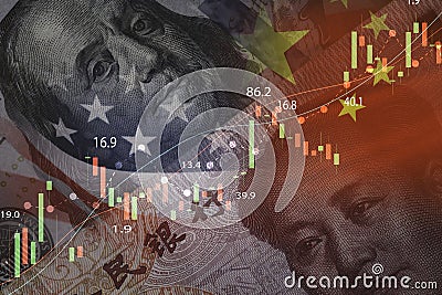 USA and China flag on USD and Yuan banknote with stock market graph chat for symbol of economic tariffs trade war and tax barrier Stock Photo