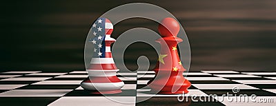 USA and China flags on chess pawns on a chessboard. 3d illustration Cartoon Illustration