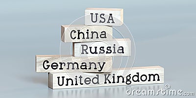 USA, China, Russia, Germany, United kingdom - words on wooden blocks Cartoon Illustration