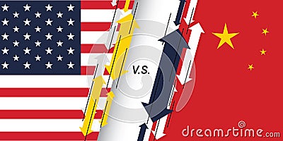 USA and China trade war concept. United States of America tariffs as two opposing flags as an economic taxation dispute over Vector Illustration