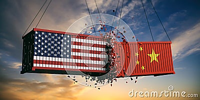 USA and China trade war. US of America and chinese flags crashed containers on sky at sunset background. Cartoon Illustration