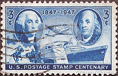 USA - Circa 1947: a postage stamp printed in the US showing George Washington, Benjamin Franklin, a Pony Express rider, a steam lo Editorial Stock Photo