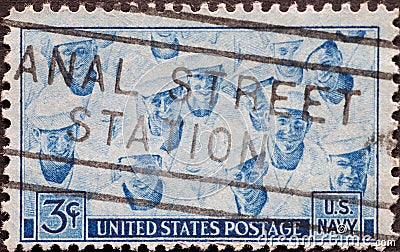 USA - Circa 1945: a postage stamp printed in the US showing a group of sailors in their summer uniforms. Armed Forces: U.S. Navy Editorial Stock Photo