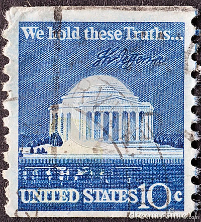 USA - Circa 1973 : a postage stamp printed in the US showing the Jefferson memorial in Washington, DC. Text: We Hold These Truths Editorial Stock Photo