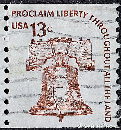 USA - Circa 1975 : a postage stamp printed in the US showing the Liberty Bell. Text: proclaim liberty throughout all the land Editorial Stock Photo