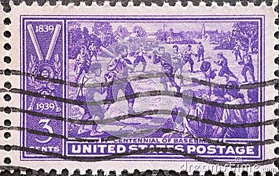 USA - Circa 1939: a postage stamp printed in the US showing a picture of a baseball game. Text: Centennial of Baseball Editorial Stock Photo