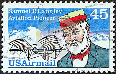 USA - CIRCA 1988: A stamp printed in USA shows aviation pioneer Samuel P. Langley and his Aerodrome No. 5 machine, circa 1988. Editorial Stock Photo