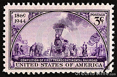 USA - CIRCA 1944: A stamp printed in USA shows Golden Spike Ceremony mural, John McQuarrie, circa 1944. Editorial Stock Photo