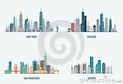 USA cities skylines set. Vector Illustration