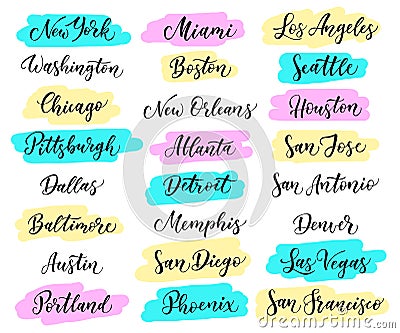 USA city lettering. New York, Miami, Boston, Dallas, Washington, Atlanta, Chicago, Detroit, Baltimore Los Angeles, Las Vegas, Seat Vector Illustration