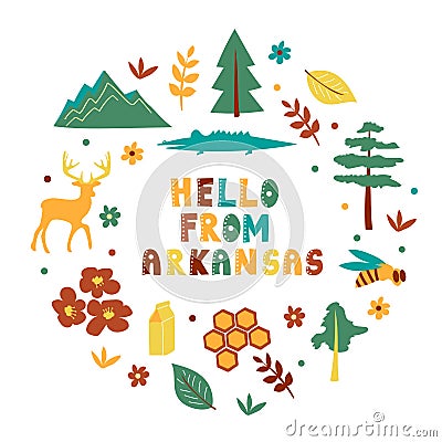 USA collection. Hello from Arkansas theme. State Symbols Vector Illustration