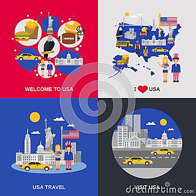 USA Culture 4 Flat Icons Square Vector Illustration