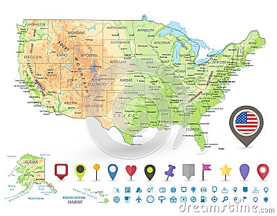 USA detailed physical map and navigation icons Vector Illustration