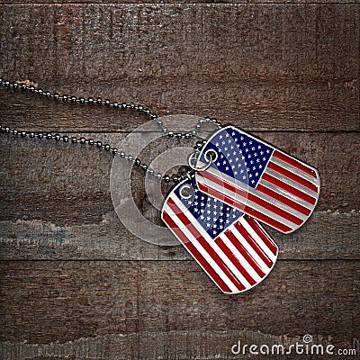 USA dog tags on wooden background Stock Photo
