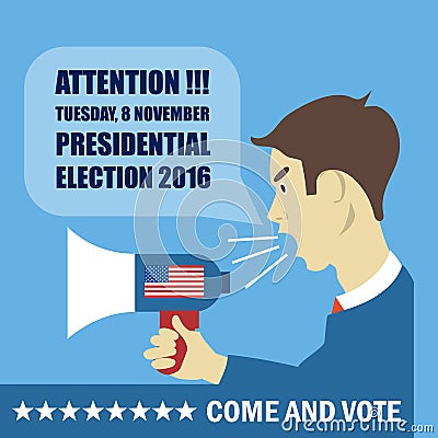 Usa 2016 election card with a character with megaphone giving details to come and vote Vector Illustration